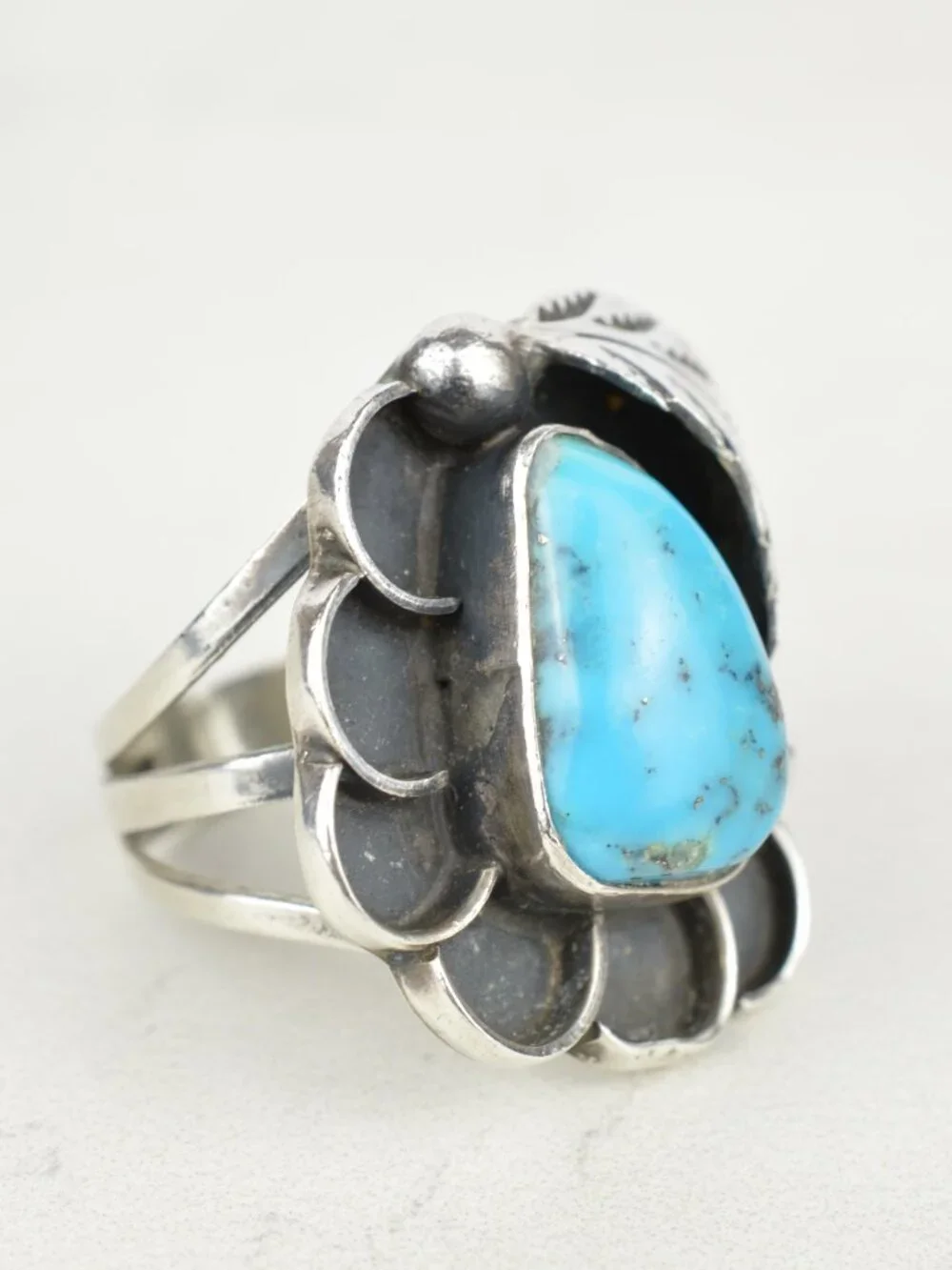 Vintage Navajo Kingman Turquoise Sterling Silver Shadowbox Feather Ring Size 8